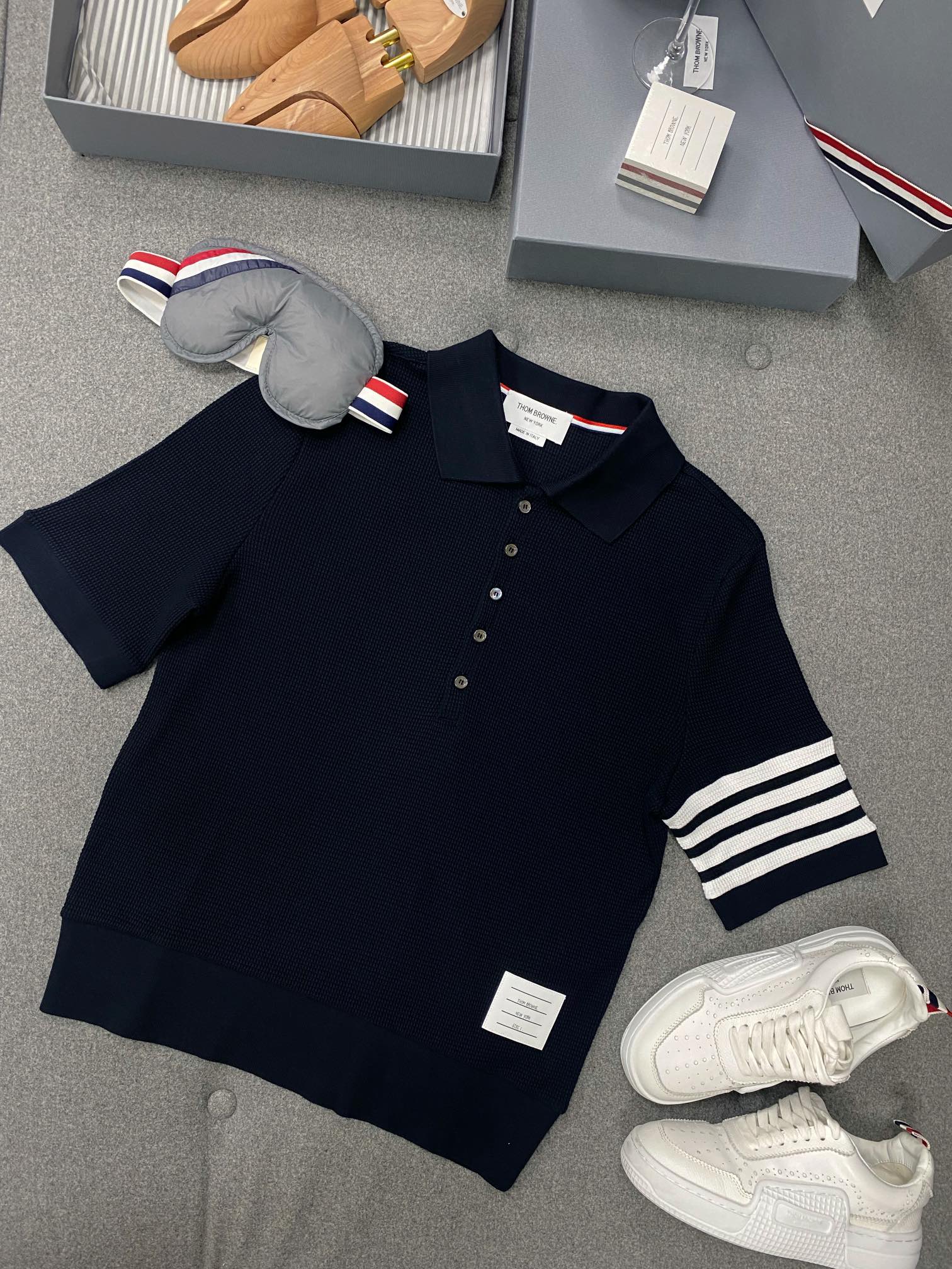 Thom Browne 쇼츠 슬리브 4bar 코튼 폴로 셔츠