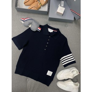 Thom Browne 쇼츠 슬리브 4bar 코튼 폴로 셔츠