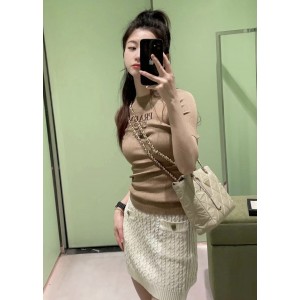 [WOMEN] PRADA 인타르시아 로고 장식 멀버리 실크 크루넥 반팔 니트