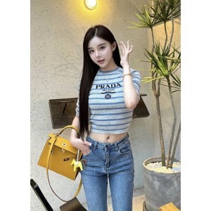 [WOMEN] PRADA 스트라이프 인타르시아 울 크루넥 니트