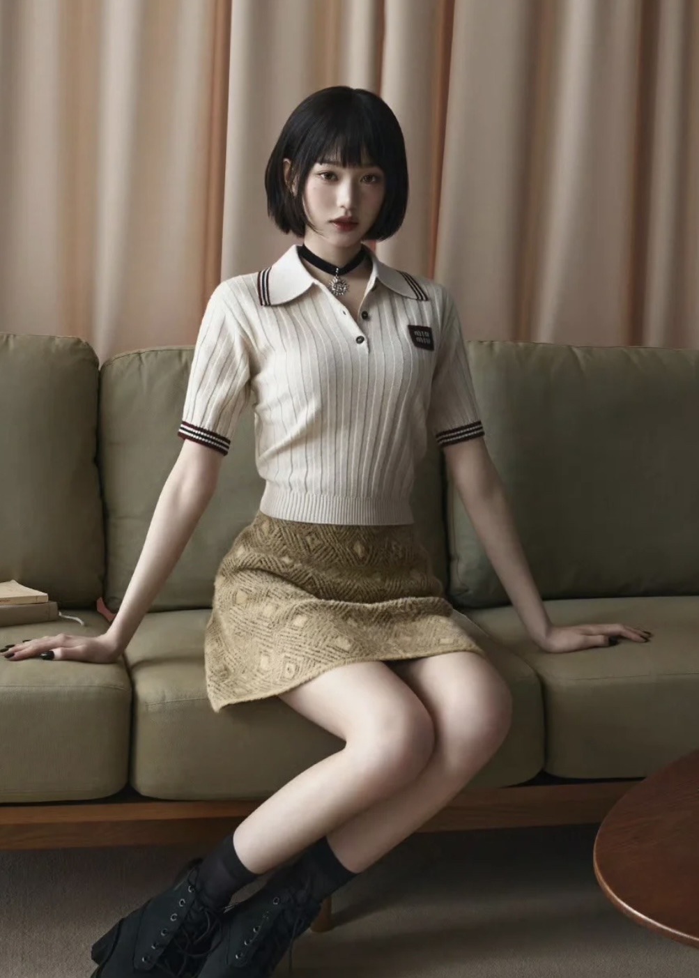 [WOMEN] [SET] MIU MIU 로고 캐시미어 니트 폴로 반팔셔츠
