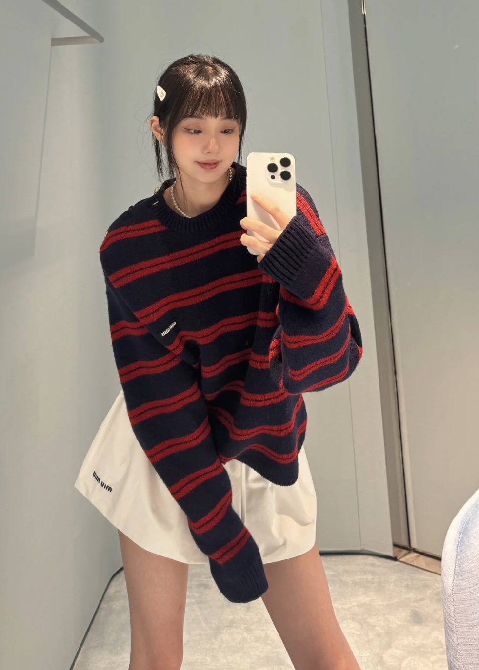 [WOMEN] MIU MIIU 콘트라스트 스트라이프 캐시미어 니트