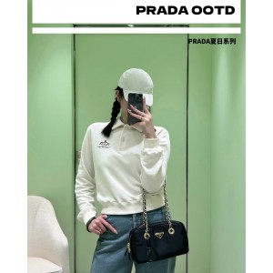 [WOMEN] PRADA 골지 니트 트리밍 코튼 폴로 크롭 스웨트셔츠